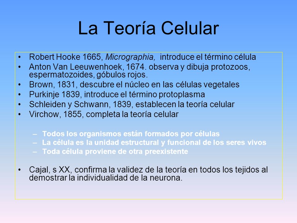 La Teoría Celular Robert Hooke 1665, Micrographia, introduce el término célula.