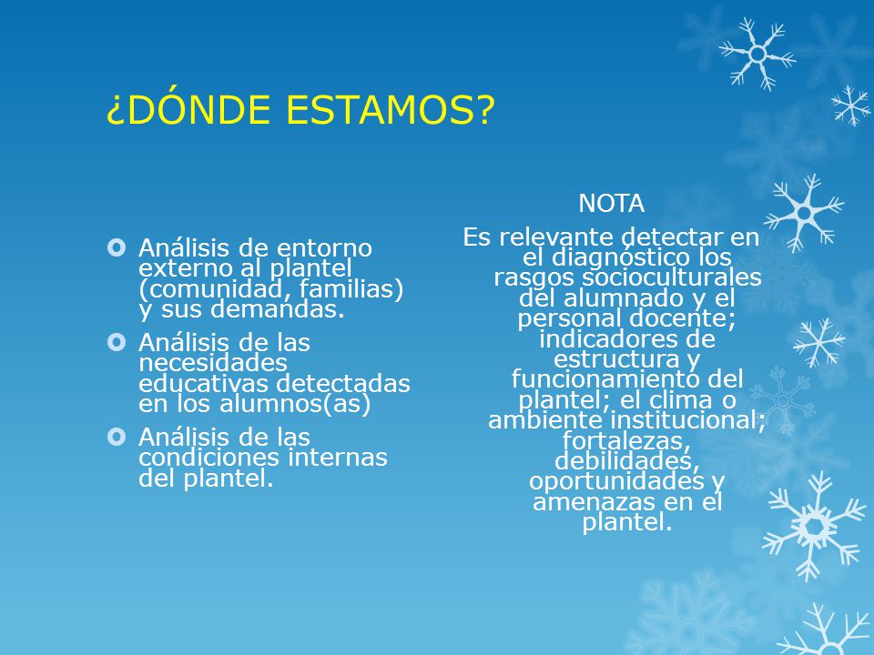 ¿DÓNDE ESTAMOS Análisis de entorno externo al plantel (comunidad, familias) y sus demandas.