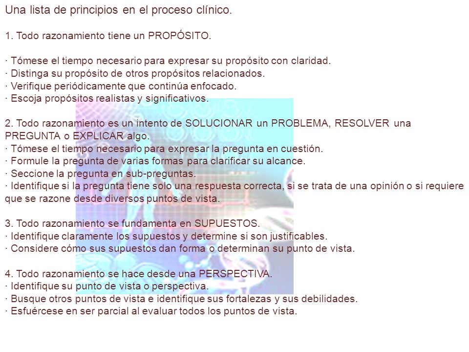 Una lista de principios en el proceso clínico.
