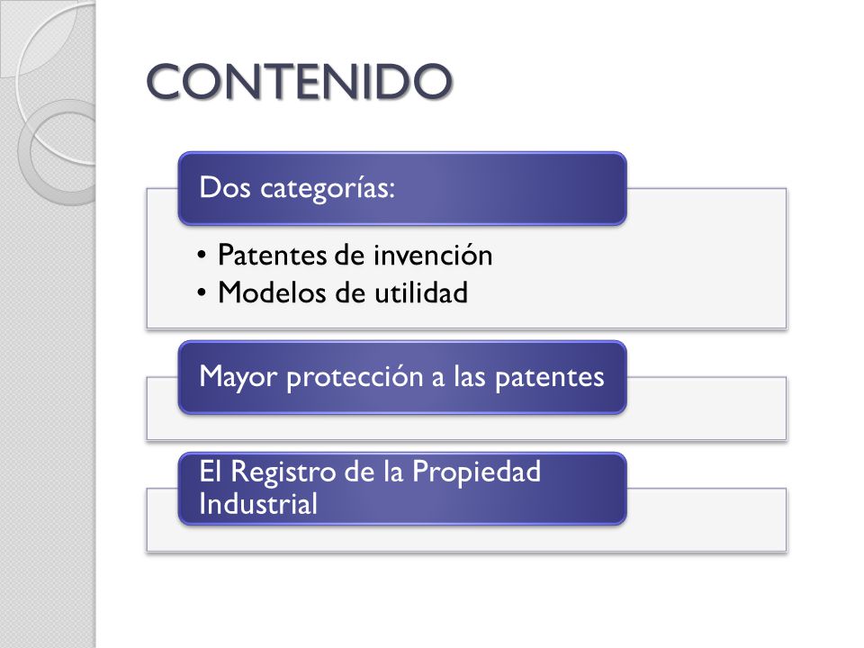 CONTENIDO Patentes de invención Modelos de utilidad Dos categorías: