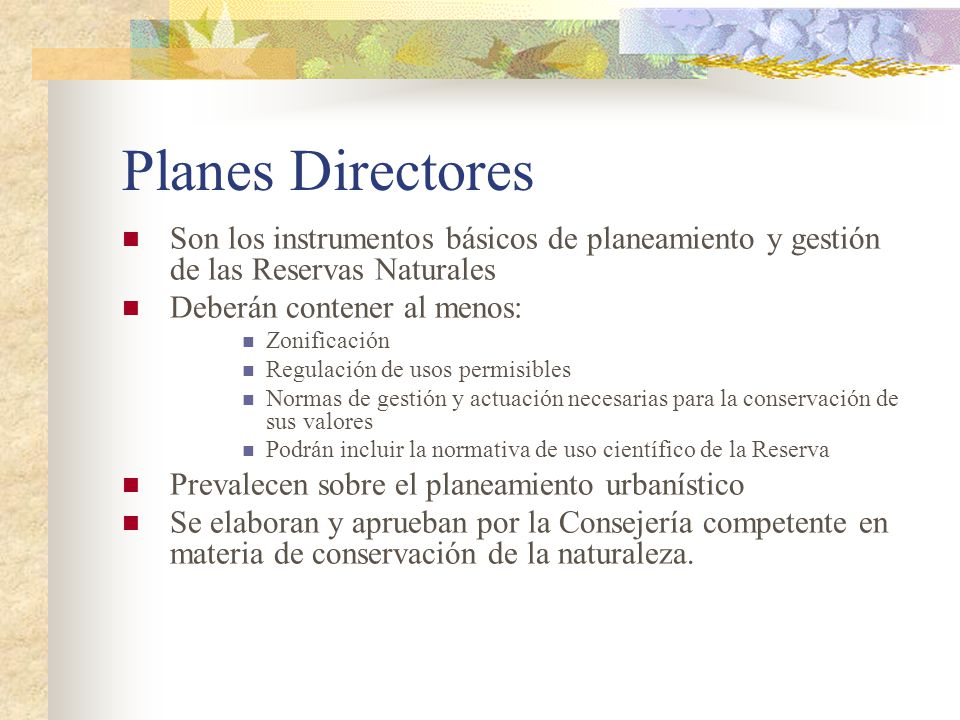 Planes Directores Son los instrumentos básicos de planeamiento y gestión de las Reservas Naturales.