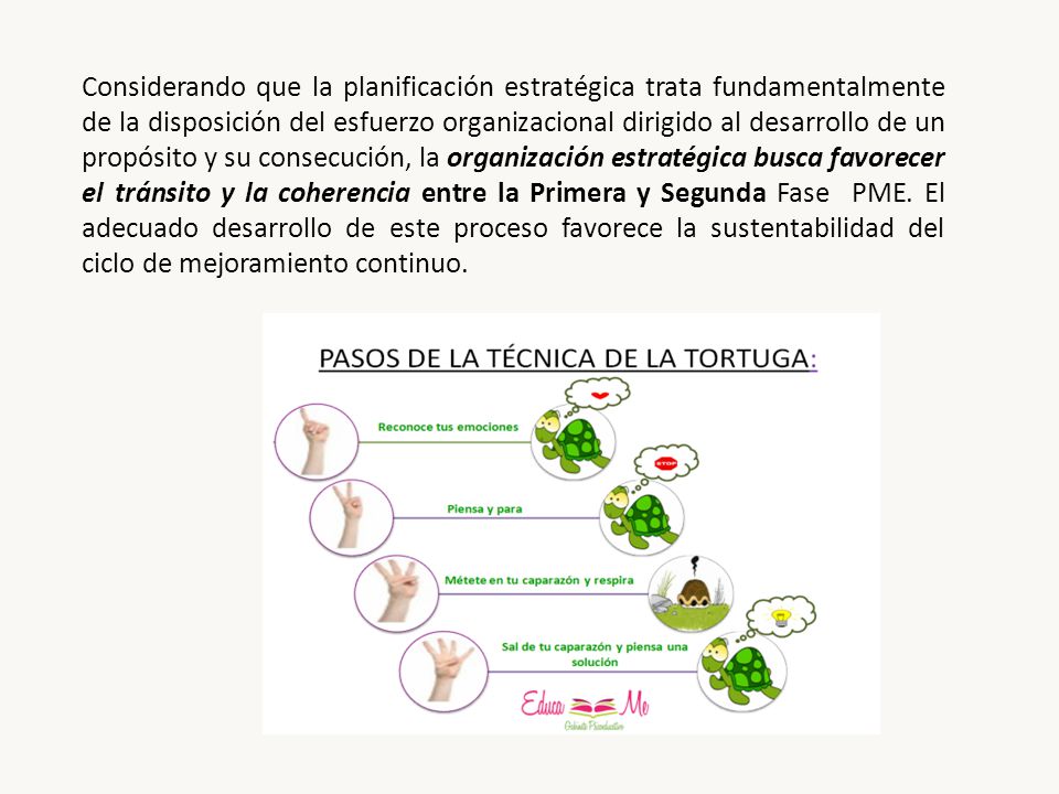 Considerando que la planificación estratégica trata fundamentalmente de la disposición del esfuerzo organizacional dirigido al desarrollo de un propósito y su consecución, la organización estratégica busca favorecer el tránsito y la coherencia entre la Primera y Segunda Fase PME.