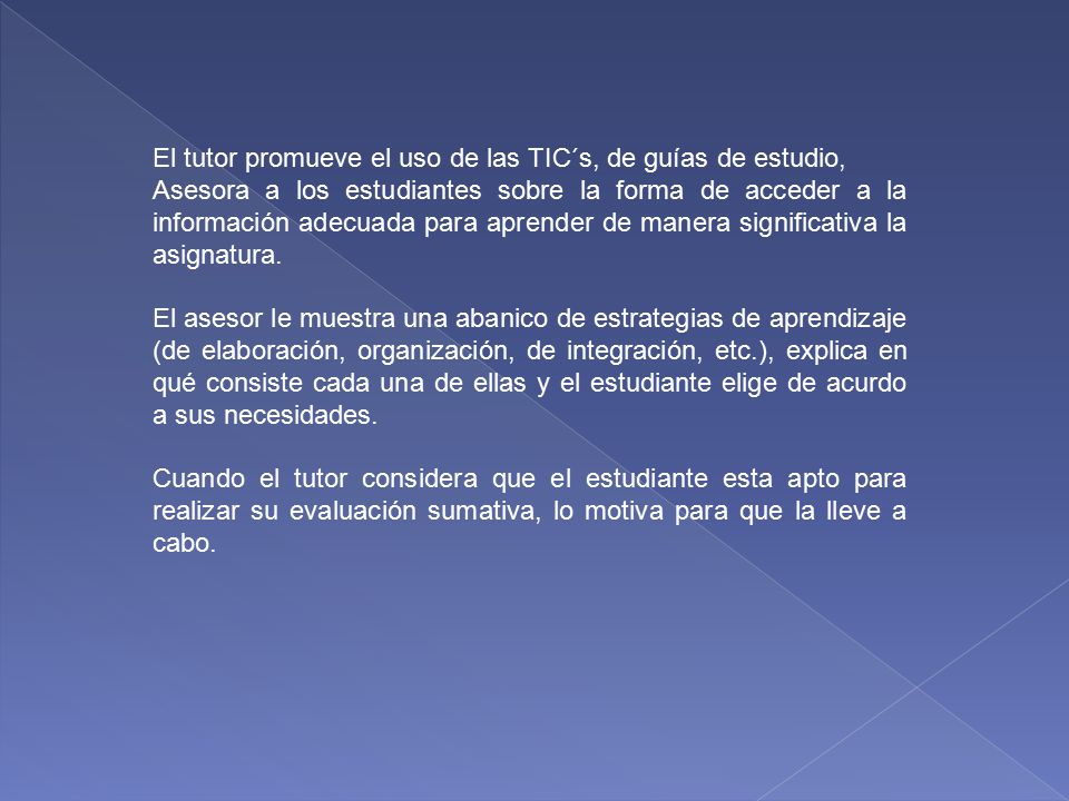 El tutor promueve el uso de las TIC´s, de guías de estudio,