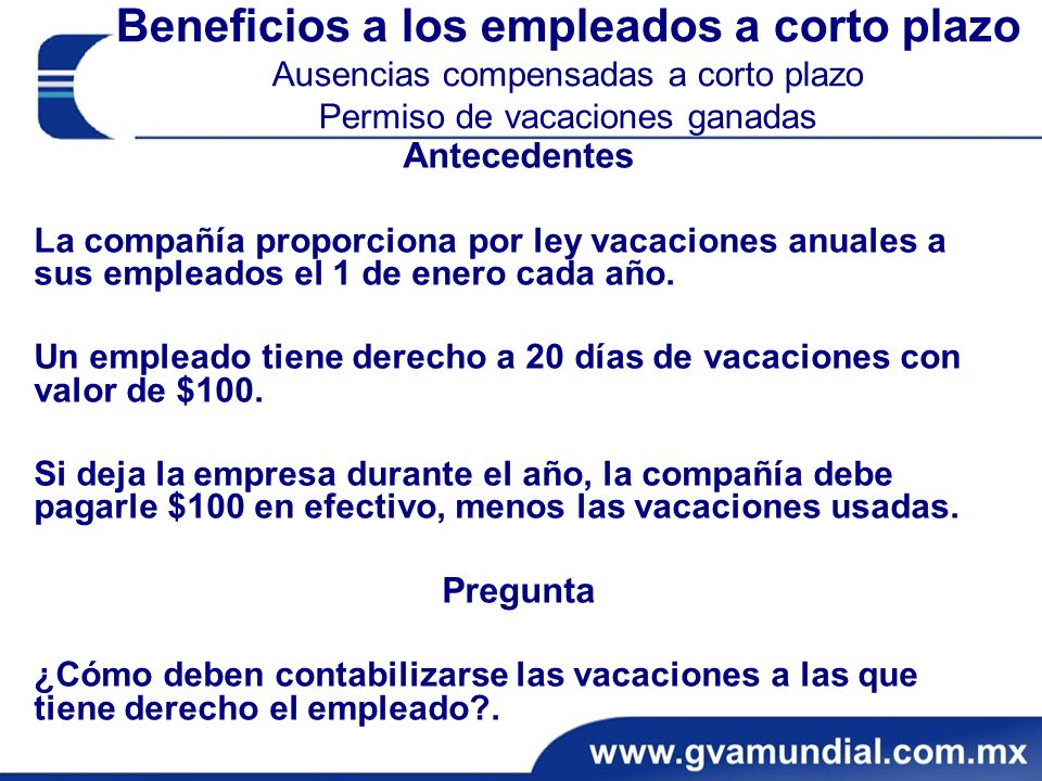 Beneficios a los empleados a corto plazo Ausencias compensadas a corto plazo Permiso de vacaciones ganadas