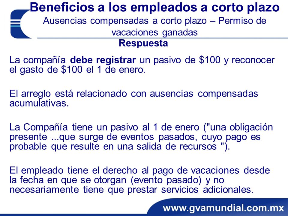 Beneficios a los empleados a corto plazo Ausencias compensadas a corto plazo – Permiso de vacaciones ganadas