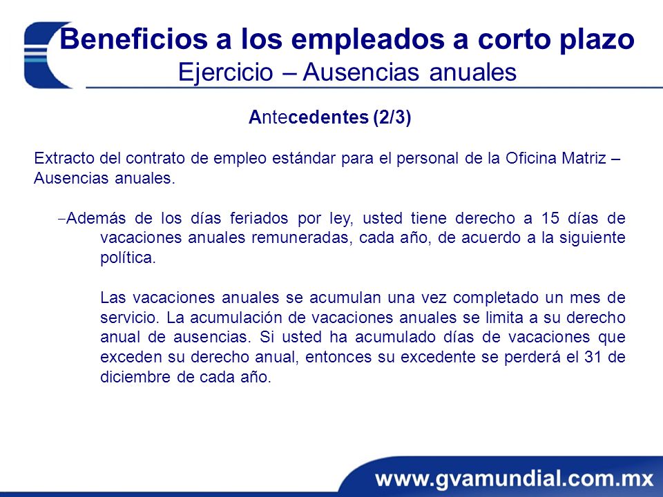 Beneficios a los empleados a corto plazo Ejercicio – Ausencias anuales