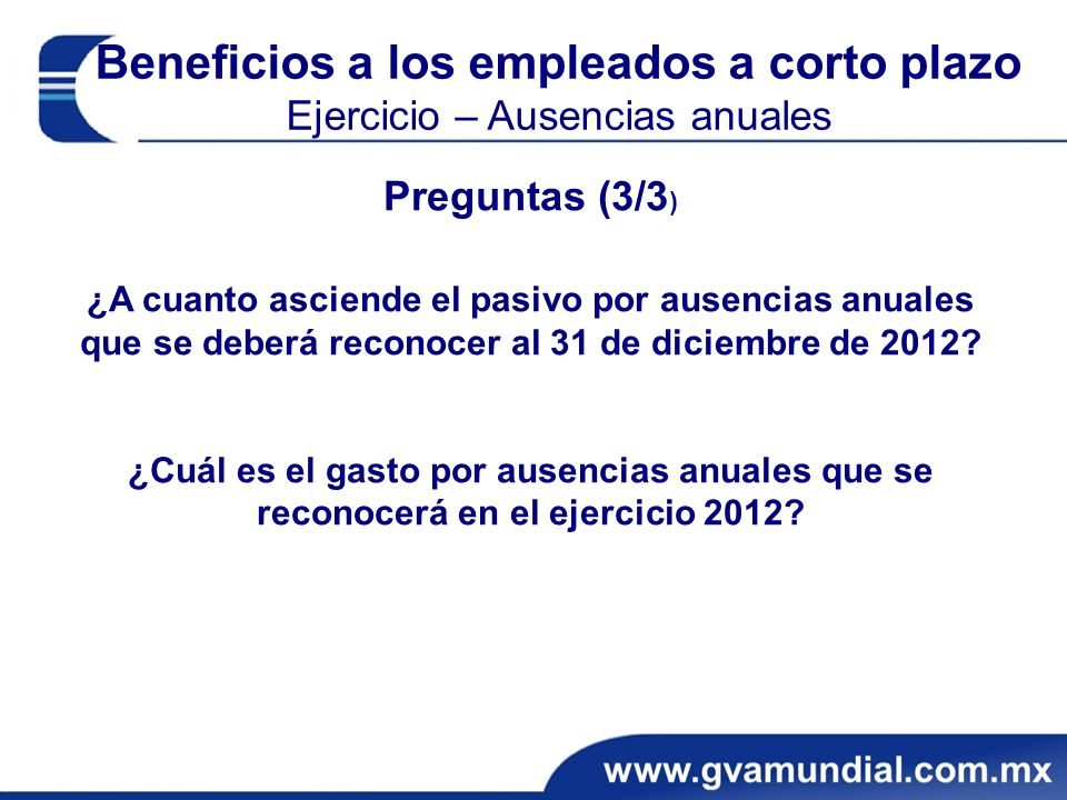 Beneficios a los empleados a corto plazo Ejercicio – Ausencias anuales