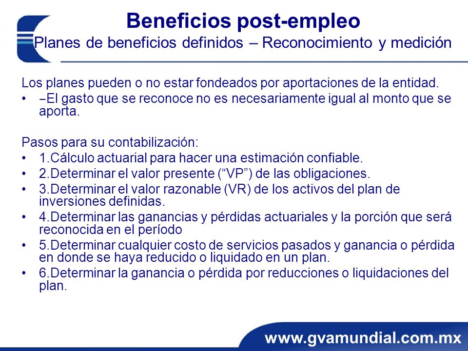 Beneficios post-empleo Planes de beneficios definidos – Reconocimiento y medición