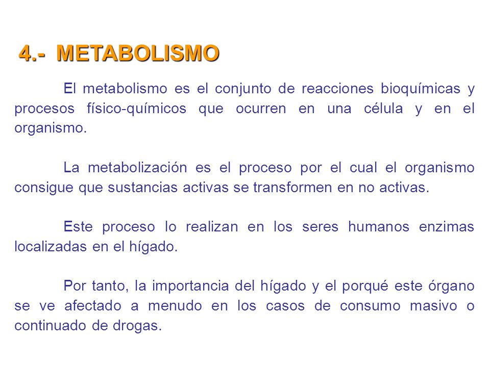 4.- METABOLISMO El metabolismo es el conjunto de reacciones bioquímicas y procesos físico-químicos que ocurren en una célula y en el organismo.