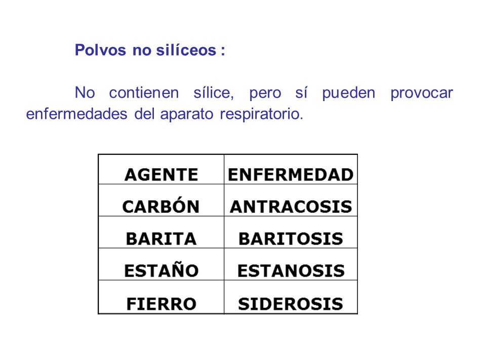 Polvos no silíceos : No contienen sílice, pero sí pueden provocar enfermedades del aparato respiratorio.
