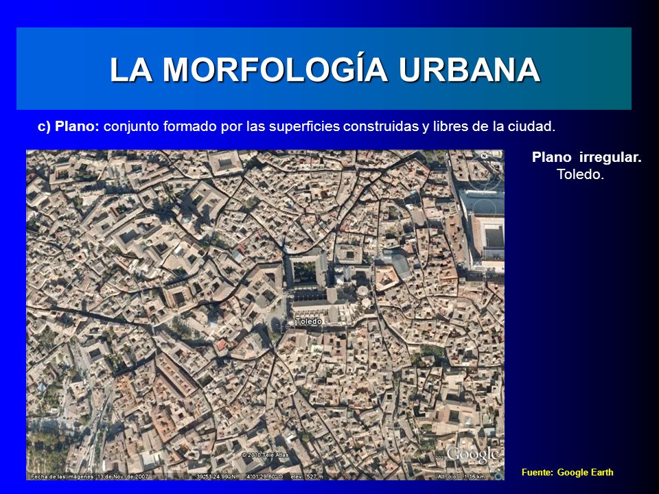 LA MORFOLOGÍA URBANA c) Plano: conjunto formado por las superficies construidas y libres de la ciudad.