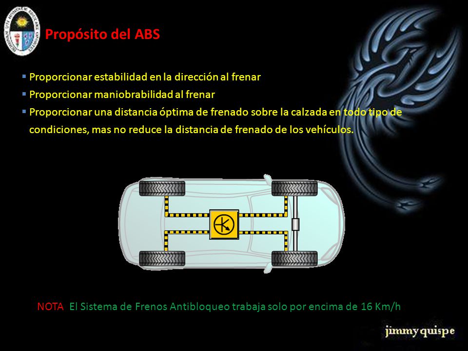 Propósito del ABS Proporcionar estabilidad en la dirección al frenar