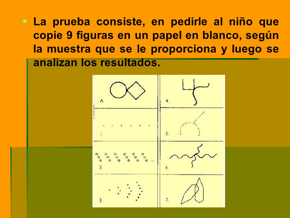 La prueba consiste, en pedirle al niño que copie 9 figuras en un papel en blanco, según la muestra que se le proporciona y luego se analizan los resultados.