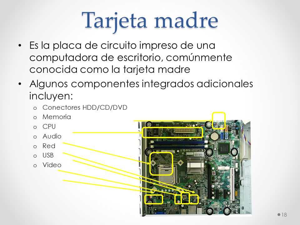 Tarjeta madre Es la placa de circuito impreso de una computadora de escritorio, comúnmente conocida como la tarjeta madre.