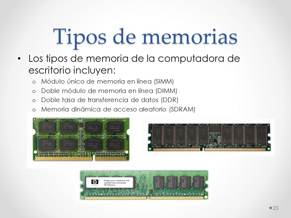 Tipos de memorias Los tipos de memoria de la computadora de escritorio incluyen: Módulo único de memoria en línea (SIMM)