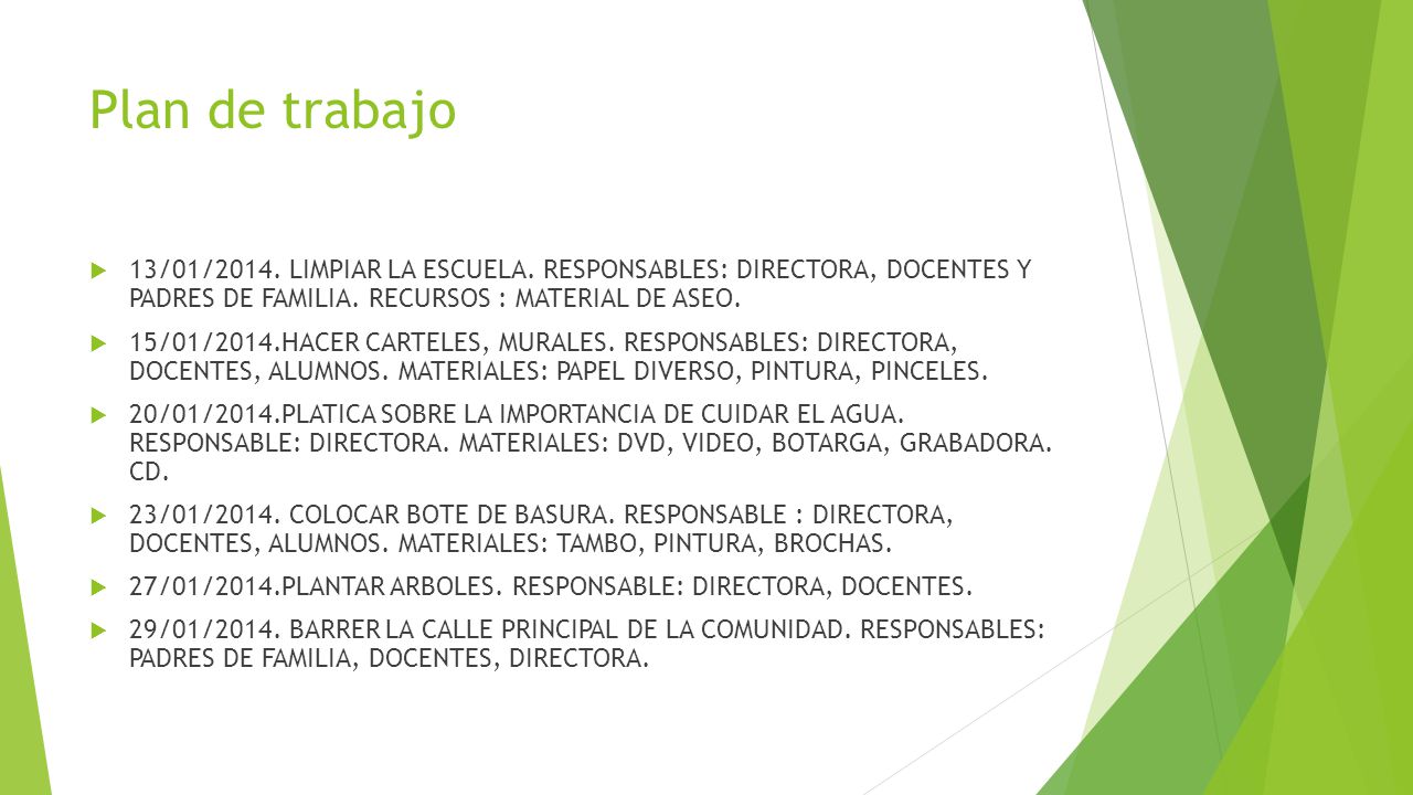Plan de trabajo 13/01/2014. LIMPIAR LA ESCUELA. RESPONSABLES: DIRECTORA, DOCENTES Y PADRES DE FAMILIA. RECURSOS : MATERIAL DE ASEO.