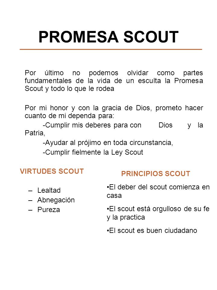 PROMESA SCOUT Por último no podemos olvidar como partes fundamentales de la vida de un esculta la Promesa Scout y todo lo que le rodea.