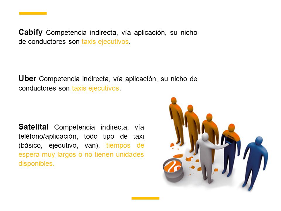 Cabify Competencia indirecta, vía aplicación, su nicho de conductores son taxis ejecutivos.