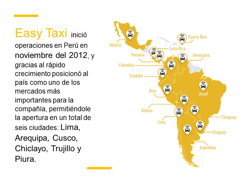 Easy Taxi inició operaciones en Perú en noviembre del 2012, y gracias al rápido crecimiento posicionó al país como uno de los mercados más importantes para la compañía, permitiéndole la apertura en un total de seis ciudades: Lima, Arequipa, Cusco, Chiclayo, Trujillo y Piura.