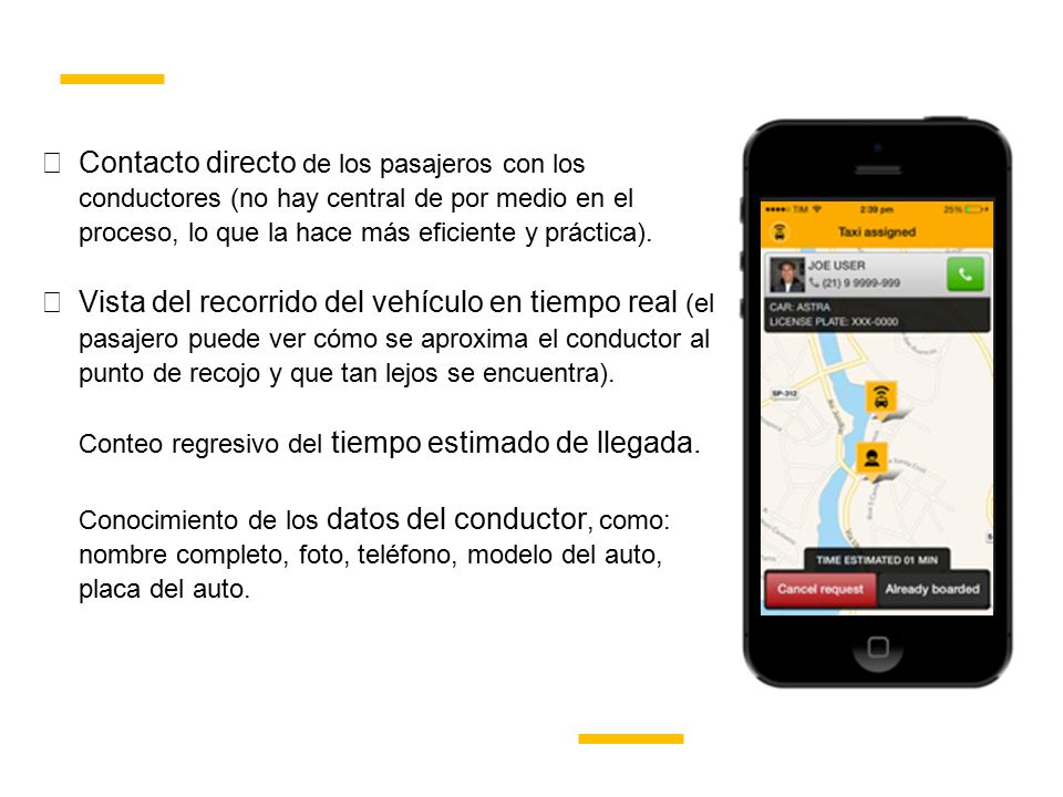 Contacto directo de los pasajeros con los conductores (no hay central de por medio en el proceso, lo que la hace más eficiente y práctica).