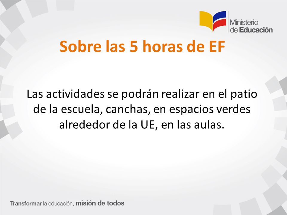 Sobre las 5 horas de EF Las actividades se podrán realizar en el patio de la escuela, canchas, en espacios verdes alrededor de la UE, en las aulas.