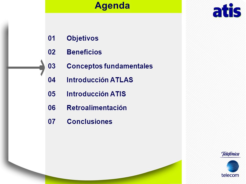 01 Objetivos 02 Beneficios. 03 Conceptos fundamentales. 04 Introducción ATLAS. 05 Introducción ATIS.