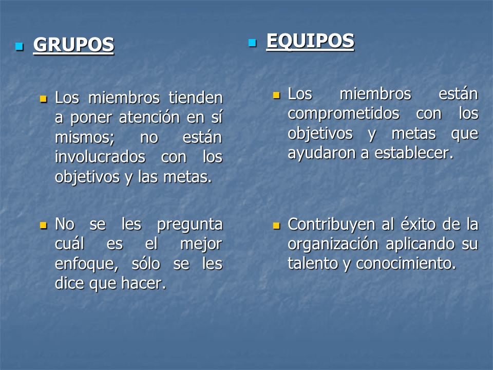 EQUIPOS Los miembros están comprometidos con los objetivos y metas que ayudaron a establecer.