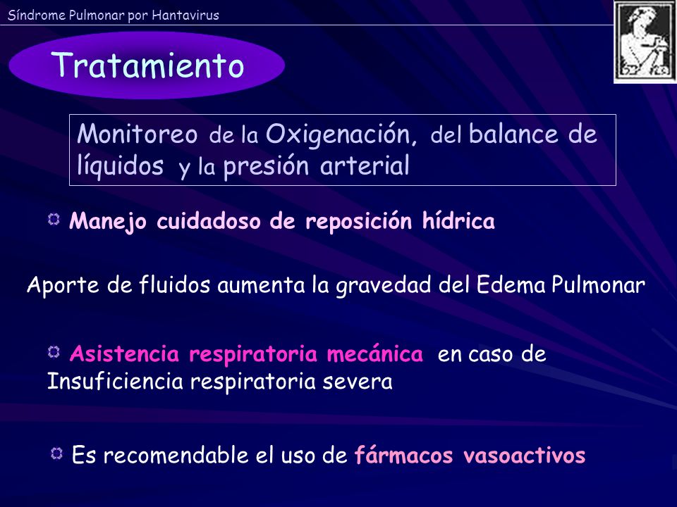 Tratamiento Monitoreo de la Oxigenación, del balance de líquidos y la presión arterial. Manejo cuidadoso de reposición hídrica.
