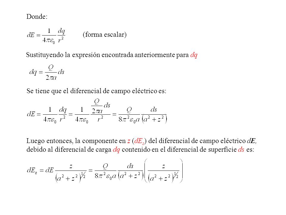 Donde: (forma escalar) Sustituyendo la expresión encontrada anteriormente para dq. Se tiene que el diferencial de campo eléctrico es: