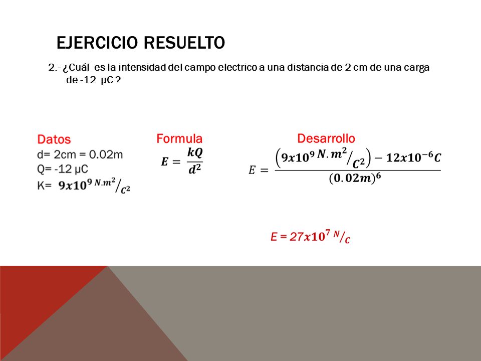 Ejercicio resuelto 2.- ¿Cuál es la intensidad del campo electrico a una distancia de 2 cm de una carga de -12 µC