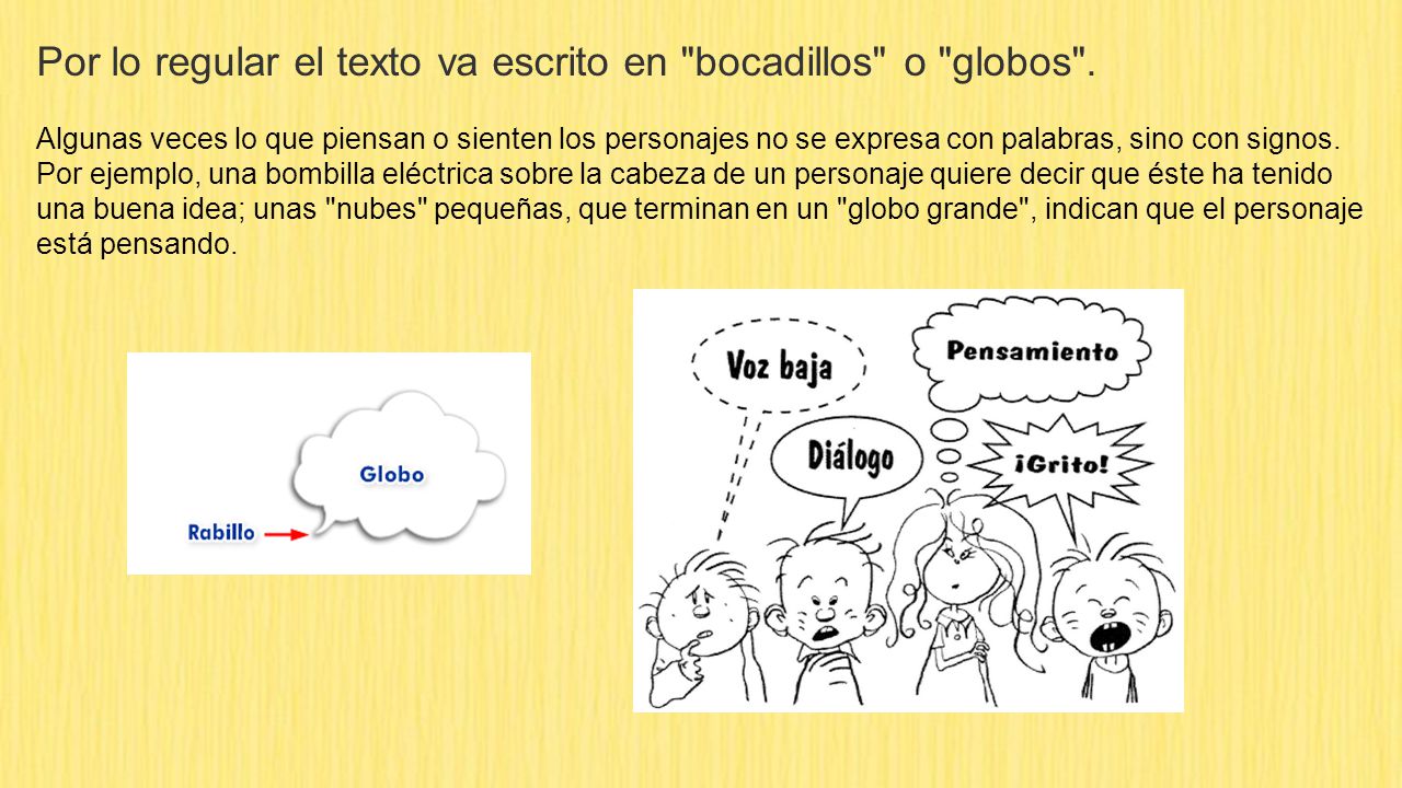 Por lo regular el texto va escrito en bocadillos o globos .