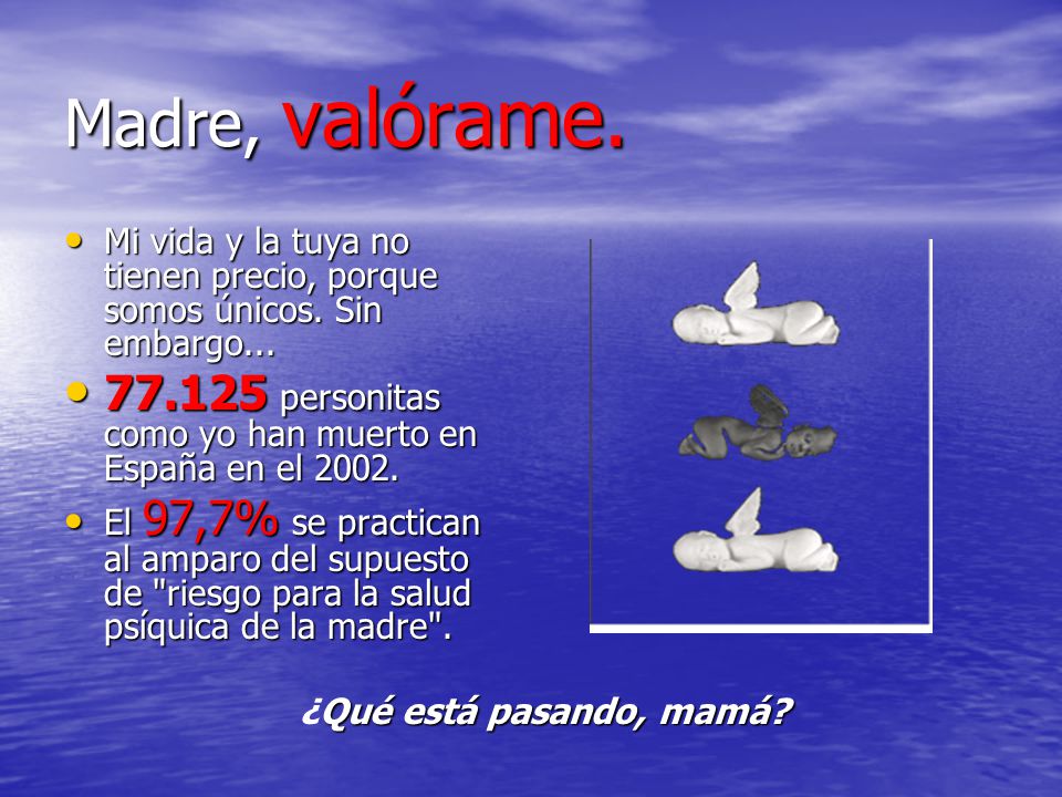 Madre, valórame. Mi vida y la tuya no tienen precio, porque somos únicos. Sin embargo personitas como yo han muerto en España en el