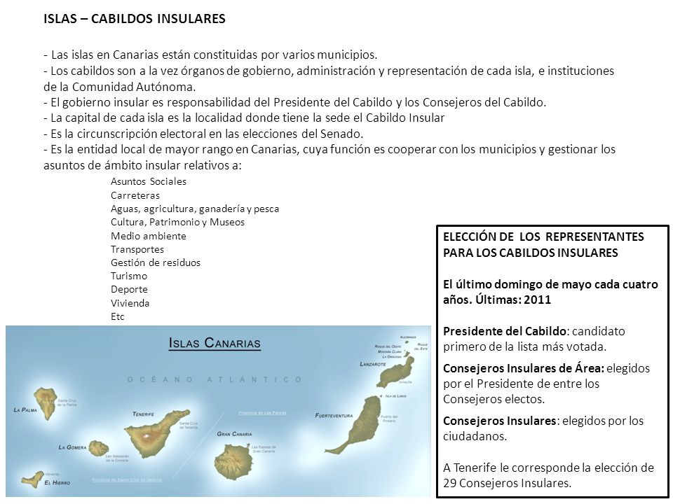 ISLAS – CABILDOS INSULARES - Las islas en Canarias están constituidas por varios municipios. - Los cabildos son a la vez órganos de gobierno, administración y representación de cada isla, e instituciones de la Comunidad Autónoma. - El gobierno insular es responsabilidad del Presidente del Cabildo y los Consejeros del Cabildo. - La capital de cada isla es la localidad donde tiene la sede el Cabildo Insular - Es la circunscripción electoral en las elecciones del Senado. - Es la entidad local de mayor rango en Canarias, cuya función es cooperar con los municipios y gestionar los asuntos de ámbito insular relativos a: Asuntos Sociales Carreteras Aguas, agricultura, ganadería y pesca Cultura, Patrimonio y Museos Medio ambiente Transportes Gestión de residuos Turismo Deporte Vivienda Etc