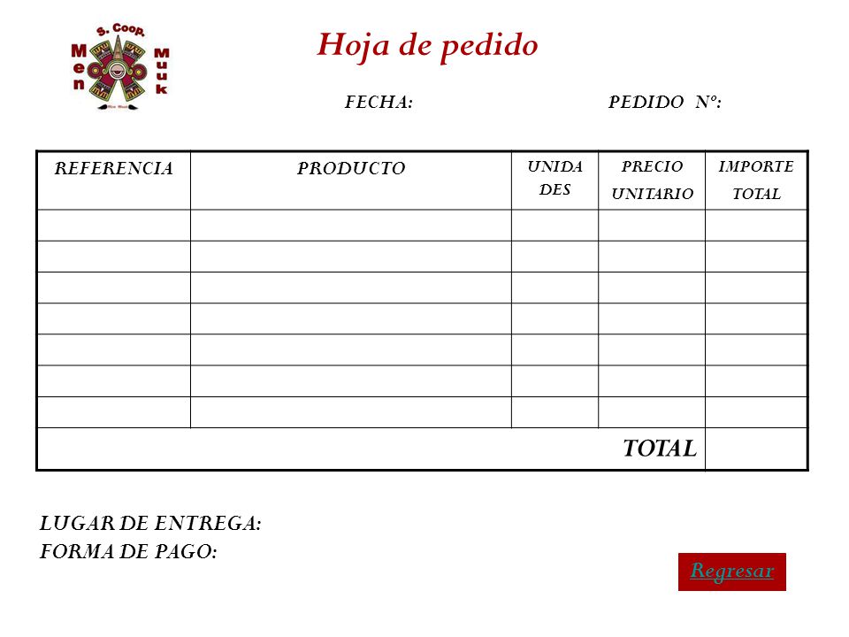 Hoja de pedido LUGAR DE ENTREGA: FORMA DE PAGO: Regresar REFERENCIA