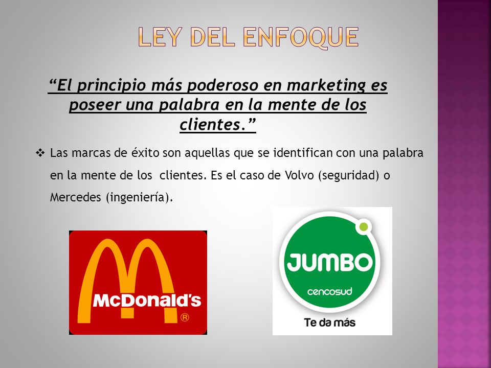 Ley del enfoque El principio más poderoso en marketing es poseer una palabra en la mente de los clientes.