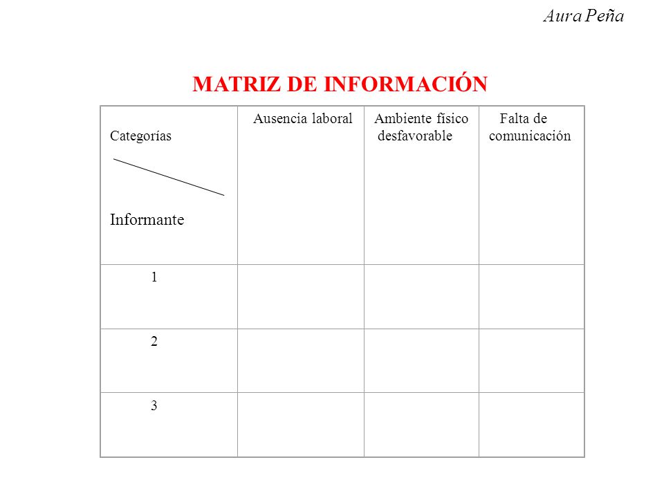MATRIZ DE INFORMACIÓN Aura Peña Informante Categorías Ausencia laboral