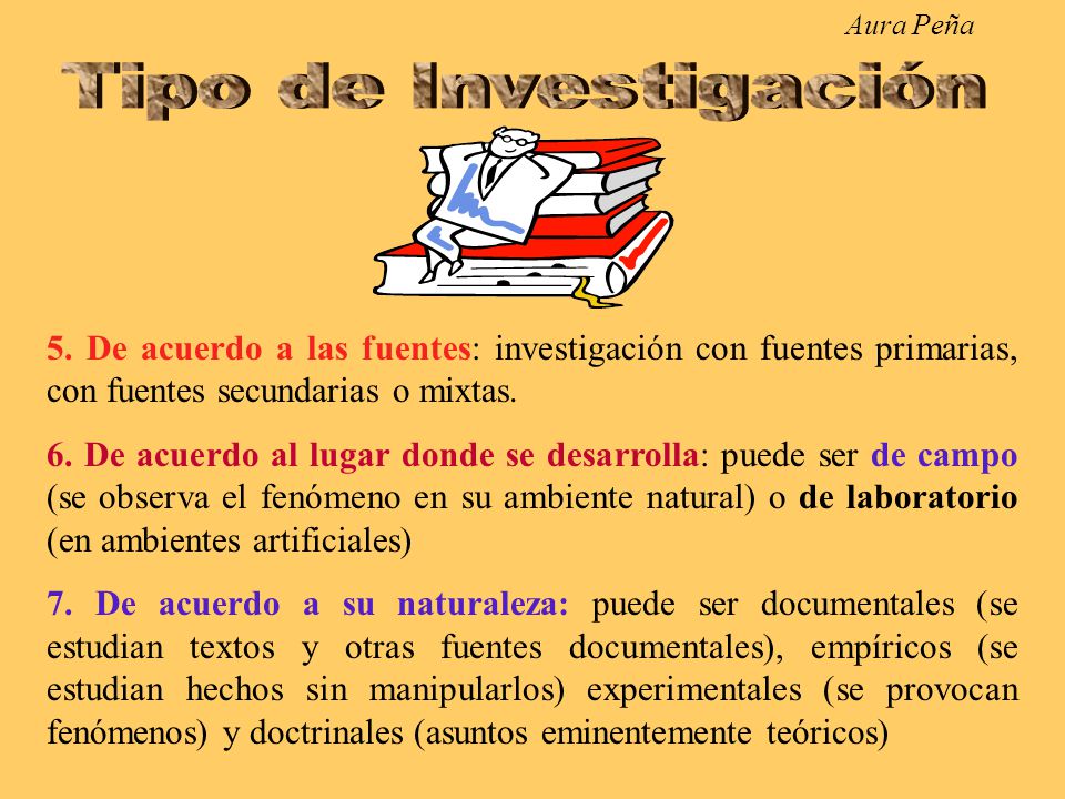 Aura Peña Tipo de Investigación. 5. De acuerdo a las fuentes: investigación con fuentes primarias, con fuentes secundarias o mixtas.