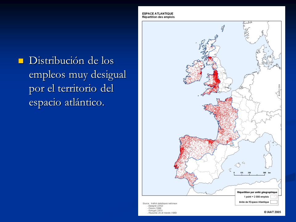 Distribución de los empleos muy desigual por el territorio del espacio atlántico.
