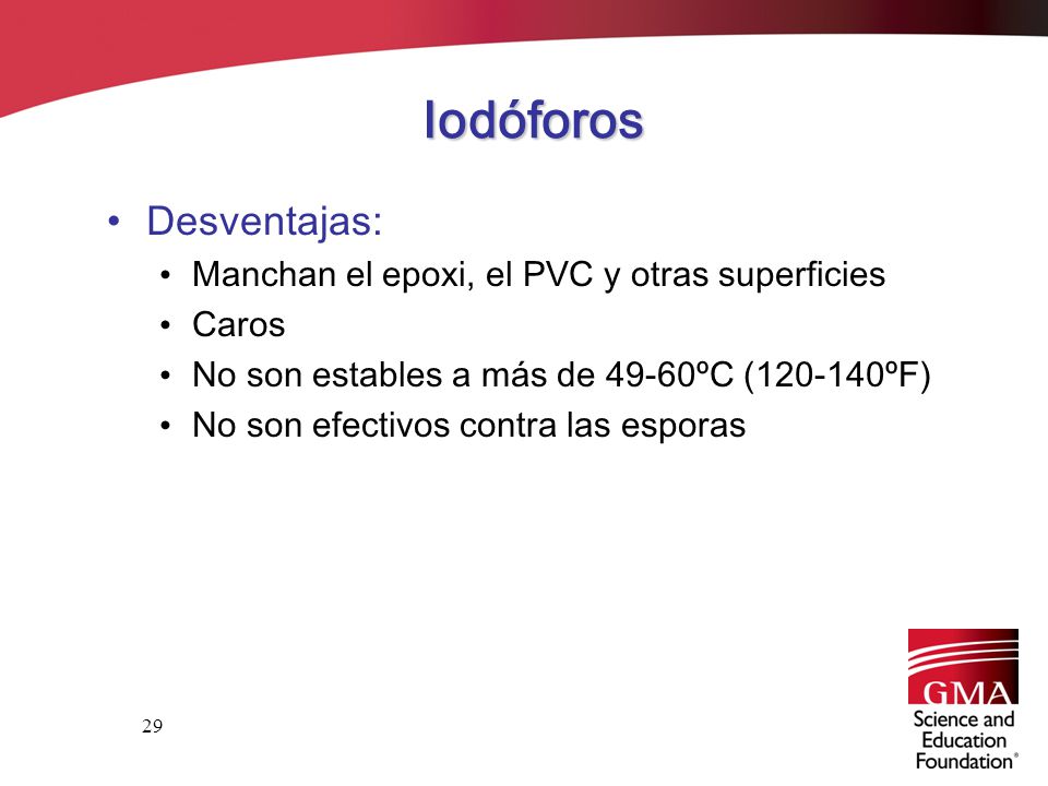 Iodóforos Desventajas: Manchan el epoxi, el PVC y otras superficies