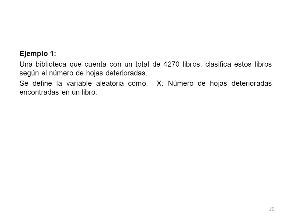 Ejemplo 1: Una biblioteca que cuenta con un total de 4270 libros, clasifica estos libros según el número de hojas deterioradas.