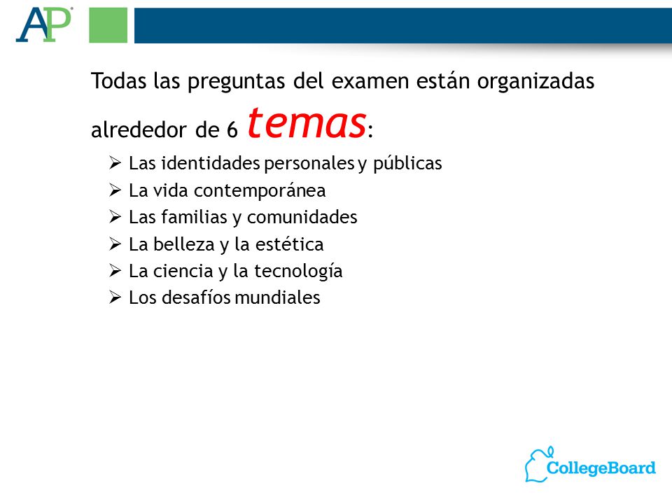 Todas las preguntas del examen están organizadas alrededor de 6 temas: