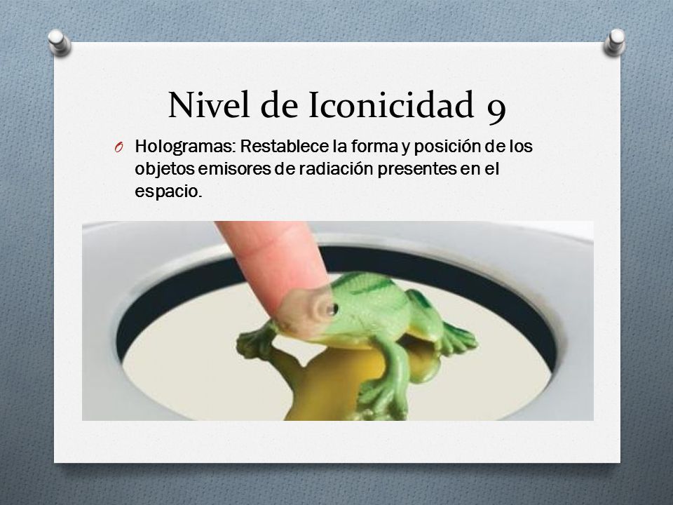 Nivel de Iconicidad 9 Hologramas: Restablece la forma y posición de los objetos emisores de radiación presentes en el espacio.