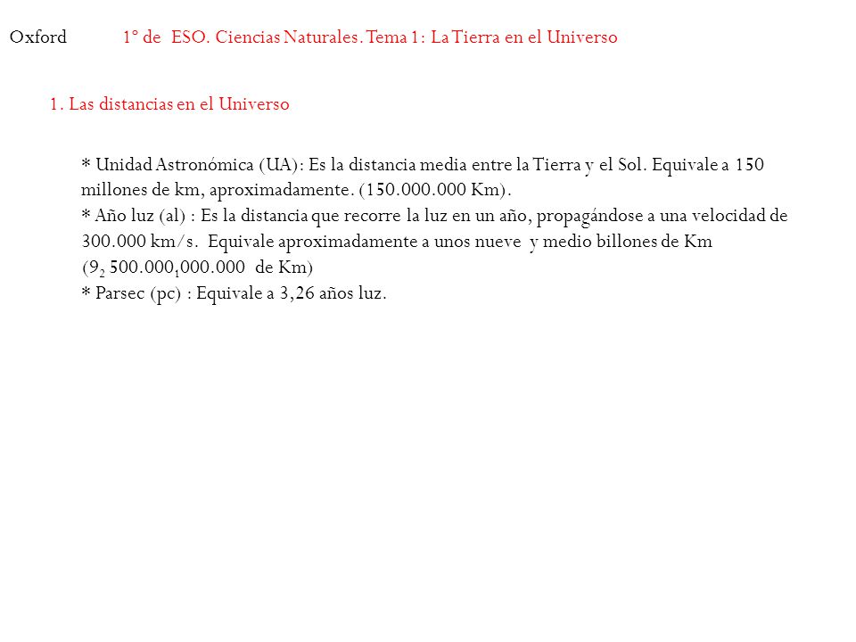 Oxford 1º de ESO. Ciencias Naturales. Tema 1: La Tierra en el Universo. 1. Las distancias en el Universo.