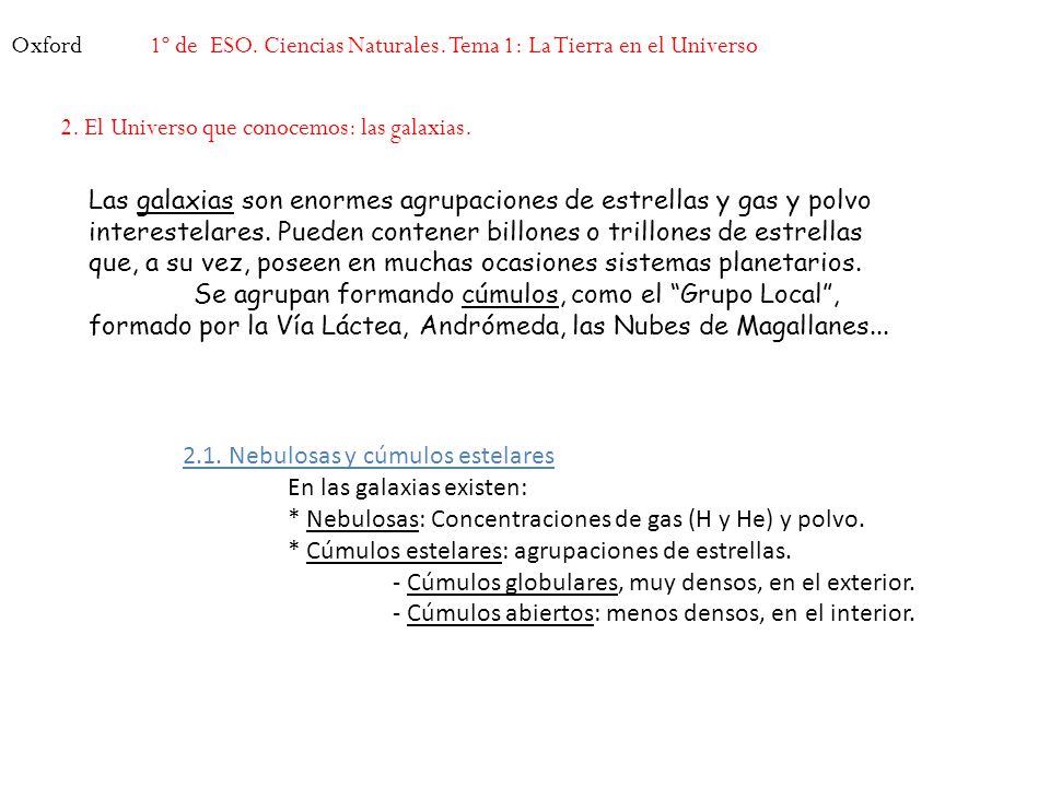 Oxford 1º de ESO. Ciencias Naturales. Tema 1: La Tierra en el Universo. 2. El Universo que conocemos: las galaxias.