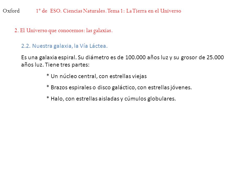 Oxford 1º de ESO. Ciencias Naturales. Tema 1: La Tierra en el Universo. 2. El Universo que conocemos: las galaxias.