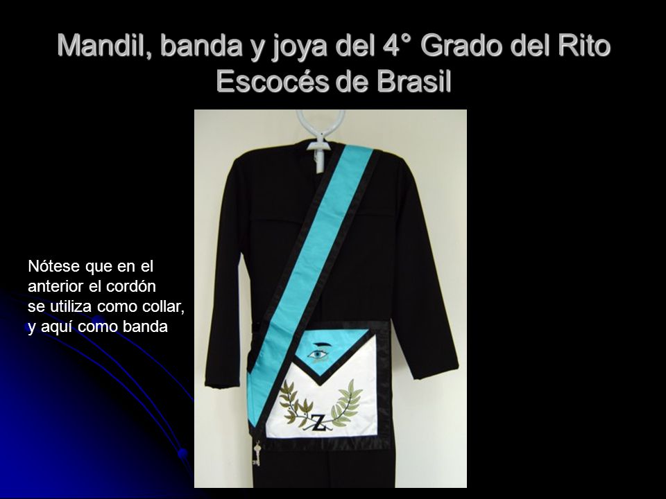 Mandil, banda y joya del 4° Grado del Rito Escocés de Brasil