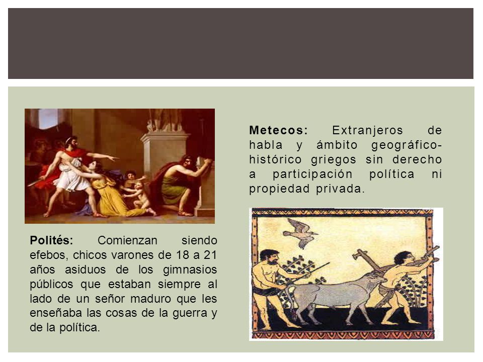 Metecos: Extranjeros de habla y ámbito geográfico-histórico griegos sin derecho a participación política ni propiedad privada.