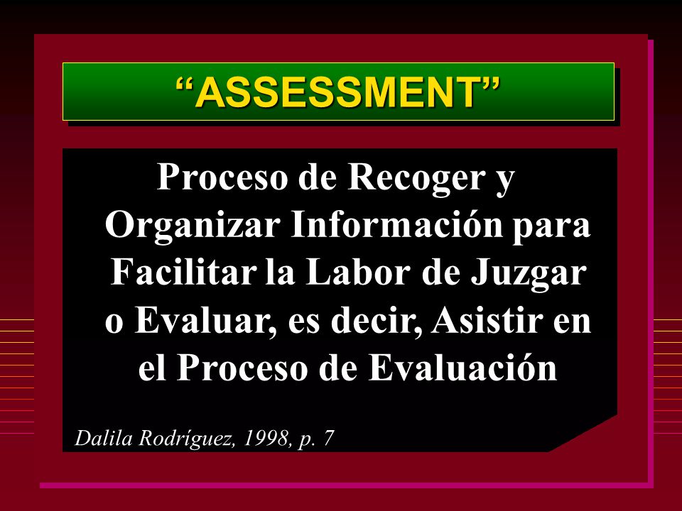 ASSESSMENT Proceso de Recoger y Organizar Información para Facilitar la Labor de Juzgar o Evaluar, es decir, Asistir en el Proceso de Evaluación.