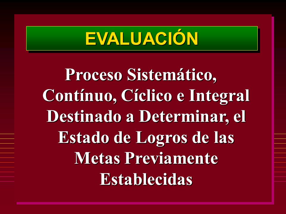 EVALUACIÓN Proceso Sistemático, Contínuo, Cíclico e Integral Destinado a Determinar, el Estado de Logros de las Metas Previamente Establecidas.