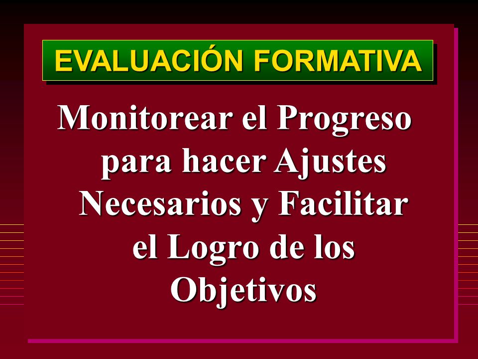 EVALUACIÓN FORMATIVA Monitorear el Progreso para hacer Ajustes Necesarios y Facilitar el Logro de los Objetivos.